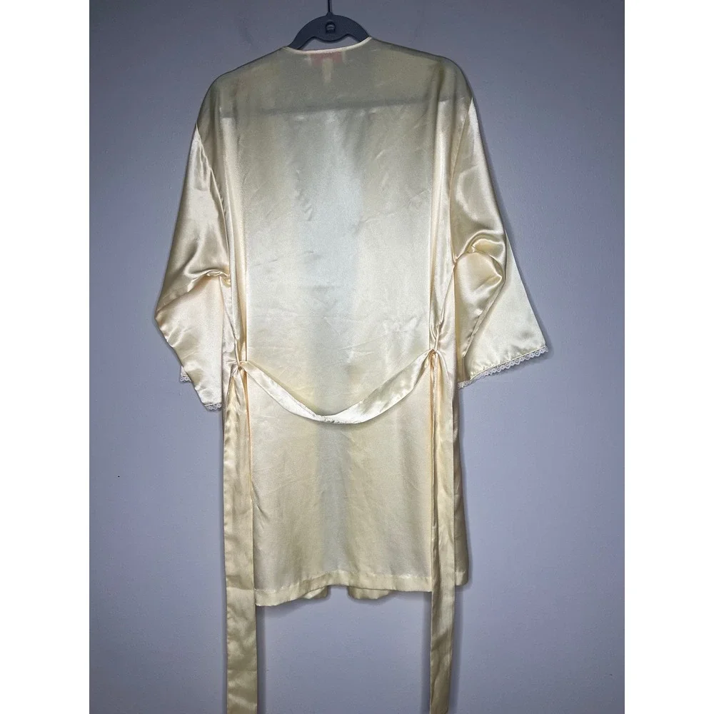 Oscar de la Renta Pink Label Butter Yellow Satin Lace Trim Wrap Robe Women's M